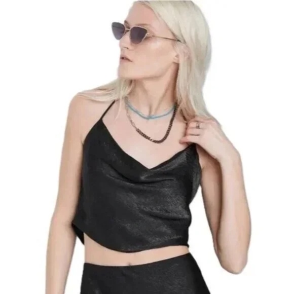 Wild Fable | Black Satin Cowl Neck Halter Crop Top – Size M - Picture 4 of 11